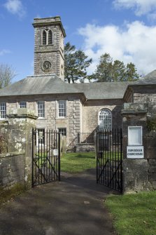 Durisdeer Parish Church. View of entrance gates from South.
