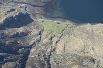 Oblique aerial view of a fish trap at the head of Loch Glendhu, looking S.