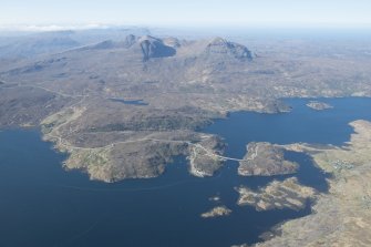 General oblique aerial view centred on Kylesku with Quinag beyond, looking SW.