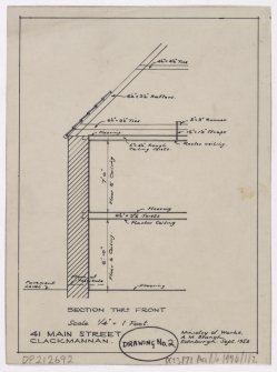 Sketch of front wall section of 41 Main Street, Clackmannan, showing roofing detail and joists