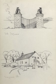 Sketches of the Bear Gates at Traquair House and Traquair Parish Church.