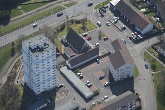 Oblique aerial view of Lister Tower and St Mark's Episcopal Church, looking SE.