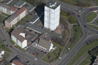 Oblique aerial view of Lister Tower and St Mark's Episcopal Church, looking SSE.