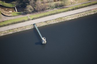 Oblique aerial view of the Waulkmill Glen Reservoir valve tower, looking N.