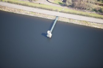 Oblique aerial view of the Waulkmill Glen Reservoir valve tower, looking NW.