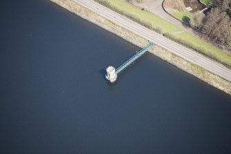 Oblique aerial view of the Waulkmill Glen Reservoir valve tower, looking WNW.