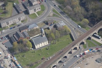 Oblique aerial view of Kilmarnock Old High Kirk and Kirkyard, looking ENE.