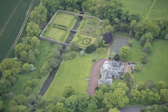 Oblique aerial view of Gogar Bank House and walled garden, looking WSW.