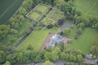 Oblique aerial view of Gogar Bank House and walled garden, looking SSW.
