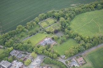 Oblique aerial view of Gogar Bank House and walled garden, looking S.