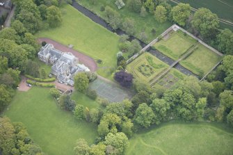 Oblique aerial view of Gogar Bank House and walled garden, looking ESE.