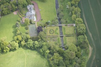 Oblique aerial view of Gogar Bank House and walled garden, looking ENE.