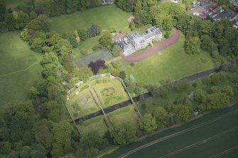 Oblique aerial view of Gogar Bank House and walled garden, looking NNW.