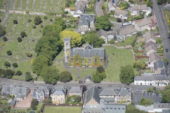 Oblique aerial view of Liberton Parish Church, looking NNW.