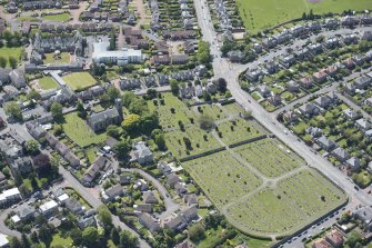 Oblique aerial view of Liberton Parish Church and Liberton Cememtery,  looking SSE.