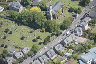 Oblique aerial view of Liberton Parish Church and Liberton Cemetery, looking NNE.