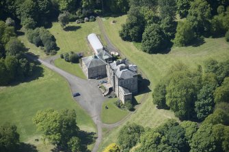 Oblique aerial view of The Drum Country House, looking SSW.
