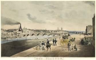 View of Glasgow and bridges over the Clyde with an horse-drawn carriage and figures in the foreground.