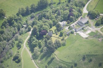 Oblique aerial view of Drumin Castle and Drumin Farmstead, looking ESE.