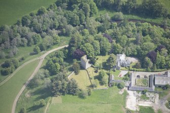 Oblique aerial view of Drumin Castle, looking E.