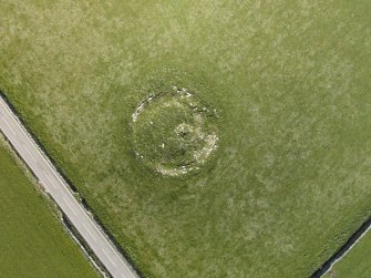 Near vertical aerial view of Oxtro broch, looking NE.