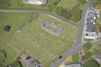 Oblique aerial view of Killearn Old Parish Church and graveyard, looking NW.