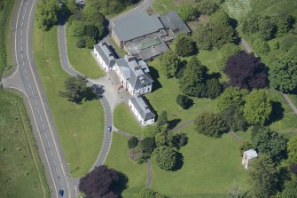 Oblique aerial view of the Strathleven House and dovecot, looking W.