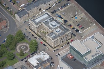 Oblique aerial view of Greenock Custom House, looking NNW.