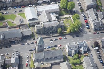 Oblique aerial view of St John The Evangelist Episcopal Church and Greenock Art Gallery and Library, looking WSW.