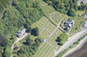 Oblique aerial view of Kilmun Cemetery, St Munn's Church, Collegiate Church of St Mun and St Munn's Church and Churchyard, looking ENE.