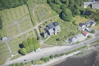 Oblique aerial view of Kilmun Cemetery, St Munn's Church, Collegiate Church of St Mun and St Munn's Church and Churchyard, looking NE.