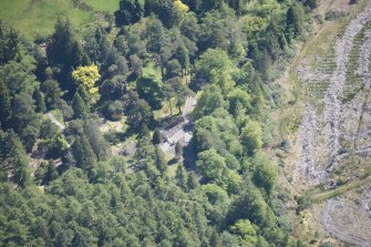 Oblique aerial view of Benmore House entrance gates, looking ESE.