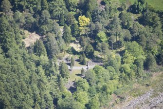 Oblique aerial view of Benmore House entrance gates, looking E.