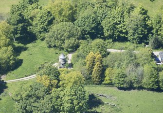 Oblique aerial view of Darleith House Dovecot, looking N.