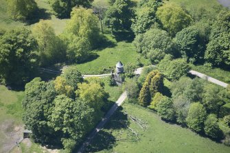 Oblique aerial view of Darleith House dovecot, looking NNW.