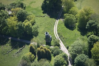 Oblique aerial view of Darleith House dovecot, looking S.