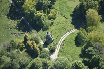 Oblique aerial view of Darleith House dovecot, looking SSE.