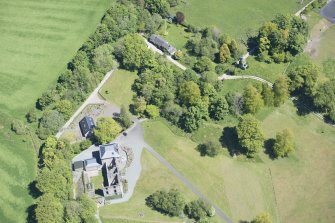 Oblique aerial view of Darleith House and dovecot, looking NE.