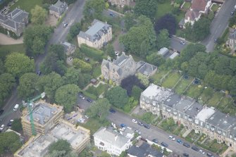 Oblique aerial view of 28 Murrayfield House and 15-17 Murrayfield Drive, looking WNW.