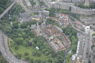 Oblique aerial view of Dean Village, Damside and Drumsheugh Baths, looking ESE.