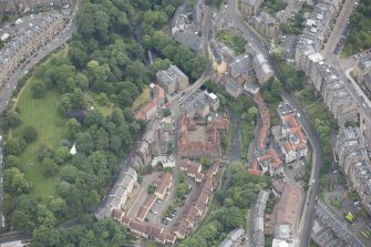 Oblique aerial view of Dean Village, Damside and Drumsheugh Baths, looking E.