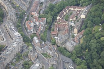 Oblique aerial view of Dean Village, Damside, Dean Bridge and Drumsheugh Baths, looking W.