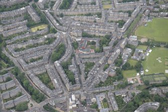 Oblique aerial view of Comely Bank Road, Danube Street, Carlton Street, St Bernard's Crescent, Dean Crescent and Stockbridge Bridge, looking W.