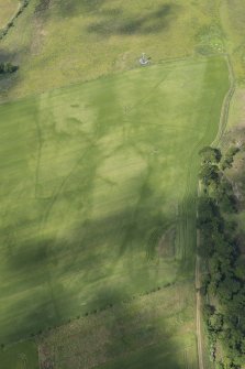 Oblique aerial view of the cropmarks of the enclosure and the pit-defined boundary system, looking W.
