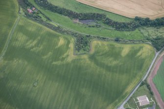 Oblique aerial view of the cropmarks of the fort, looking SSE.