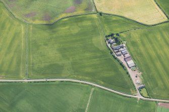 Oblique aerial view of the cropmarks of the ring ditch house and the pits, looking ESE.