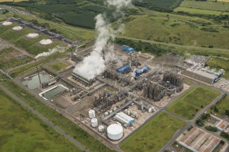 Oblique aerial view of Mossmorran Petrochemical Complex, looking ESE.