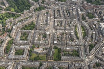 Oblique aerial view of Melville Street, Palmerston Place, Atholl Crescent, Coates Crescent and Shandwick Place, looking NE.