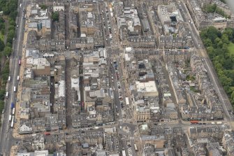 Oblique aerial view of Frederick Street, George Street, Queen Street, Rose Street, Princes Street and Castle Street, looking WSW.