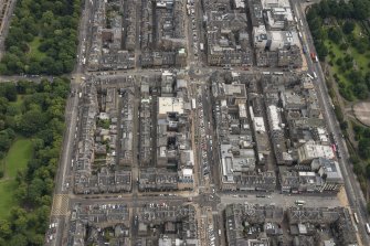 Oblique aerial view of George Street, Frederick Street, Queen Street, Castle Street, Rose Street and Princes Street, looking ENE.